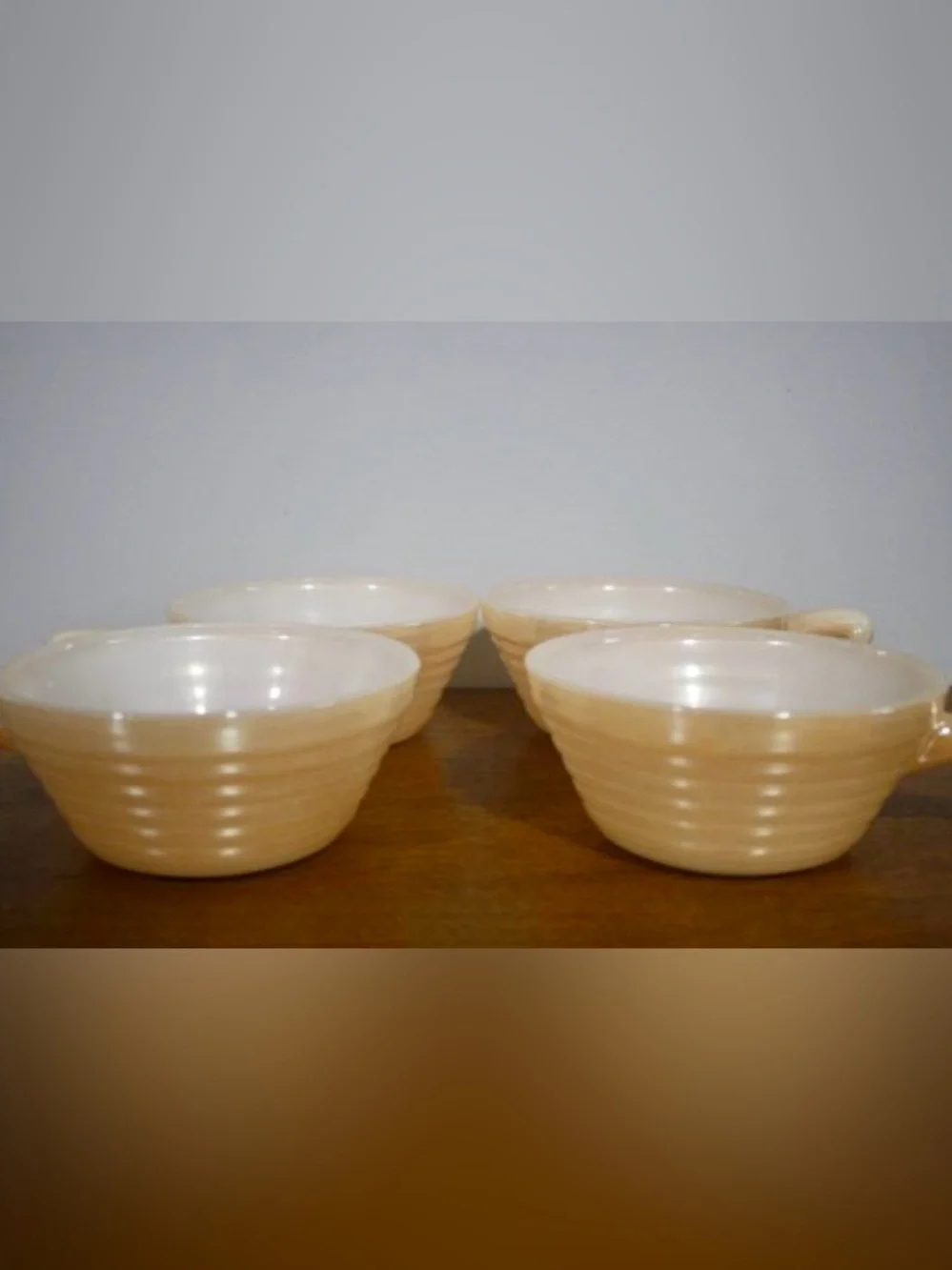 Gorgeous Peach Luster Fire King Beehive Ribbed Set of 4 Handled Soup Bowls